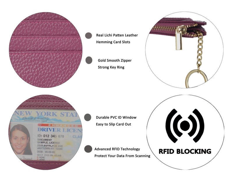 woogwin Slim RFID Credit Card Holder for Women Mini Front Pocket Wallet Purse With Keychain(Lichee Purple) - Image 3